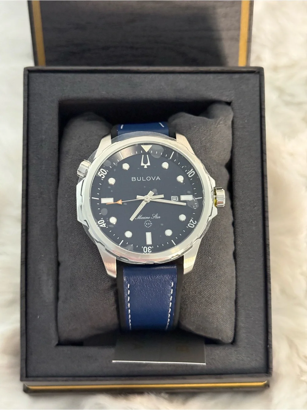 Bulova Marine Star Men’s Watch 96B419 Blue Leather NWT Box